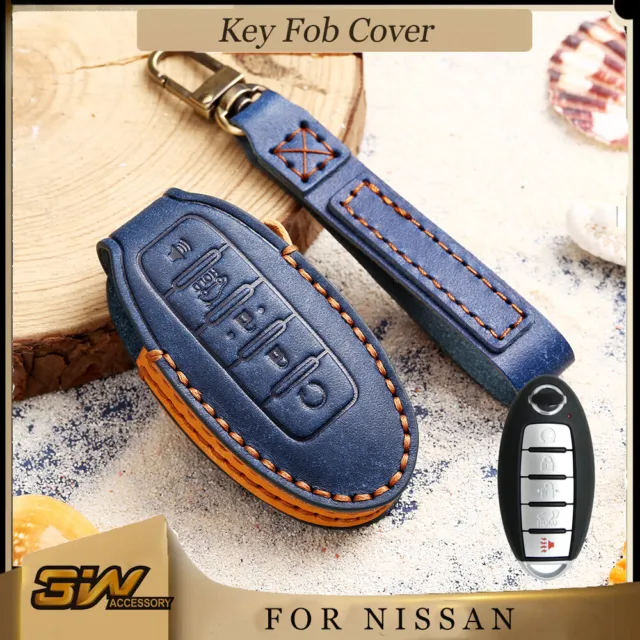 5 Btn Leather Key Fob Cover Remote Case For Nissan Altima Infiniti Q50 Q60 Blue
