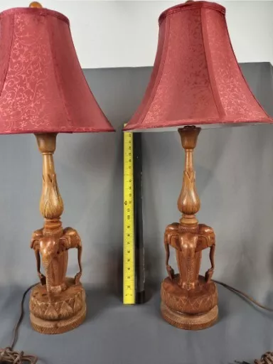 PAIR Hand Carved TEAK Elephant Trio  Based Table Lamps, Shaded, rewired, Ca.1960