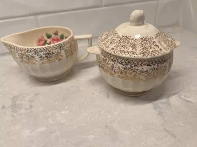 Vintage Sebring Pottery Co USA China Bouquet 22k Gold Trim - Sugar & Creamer Set