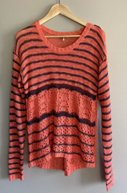 BKE Coral and Navy Women’s Open Knit Pullover Sweater Size Large