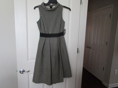 NEW NY & Co Eva Mendes Freya Black White Stripe Fit Flare Dress - Small - NWT