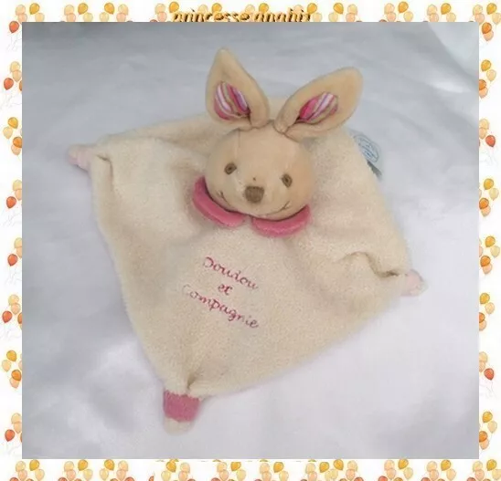 Doudou Plat Carré Lapin Ecru Col Rose Oreilles Rayures Doudou Et Compagnie