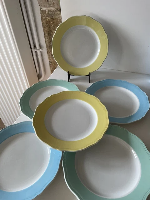 6 Assiettes Plates Anciennes – Faïence Belge Nimy – Motif Rouge – Vintage