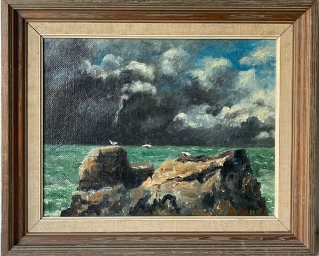 Pintura Al Óleo Impresionista Rocas Am Mar Con Gaviota Suecia Báltico Firmado