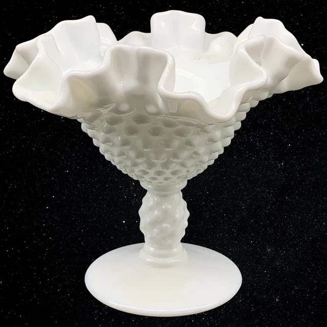 Fenton Milk Art Glass Hobnail Ruffled Edge Pedestal Candy Dish 4.75”T 5.5”W