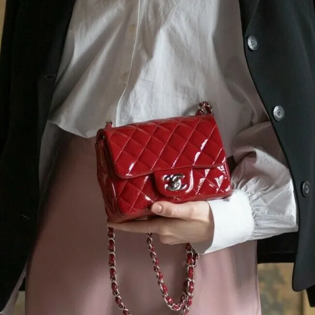 VERIFIED AUTHENTIC CHANEL Red Quilted Patent Leather Square Mini Flap Bag  $3,299.00 - PicClick