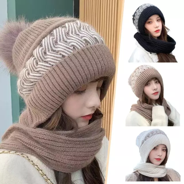 2In1 Set Winter Women Ladies Woolly Thick Knit Hat One Knitted Scarf Piece M2U7