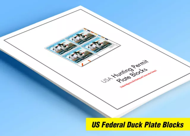 COLOR PRINTED USA FED DUCK PLATE BLOCKS 1934-2020 STAMP ALBUM PAGES (91 ill. pg)