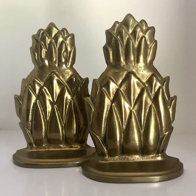 Vintage Mid Century Modern 6” Heavy Solid Antique Brass Pineapple Bookends Decor