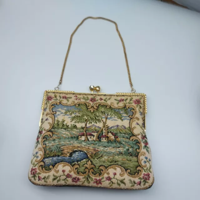 Vintage Tapestry Needlepoint Evening Bag Floral-scenic - Made In Hong Kong 2