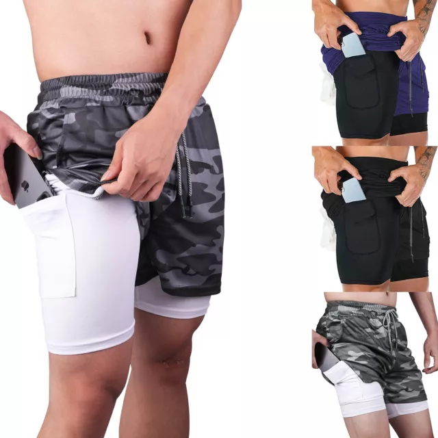 2 in 1 Mens Running Compression Shorts Gym Sports Training Workout Fitness Pants