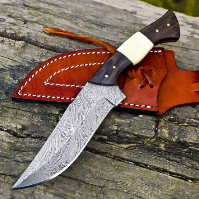 Custom Handmade Damascus Steel Hunting Knife 10In Bowie Knife & Leather Sheath