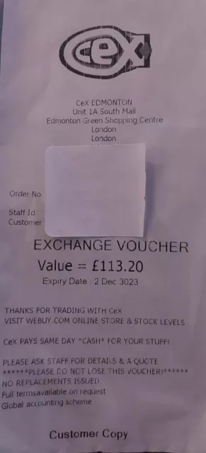 Cex Exchange Voucher Coupon Value £113.20