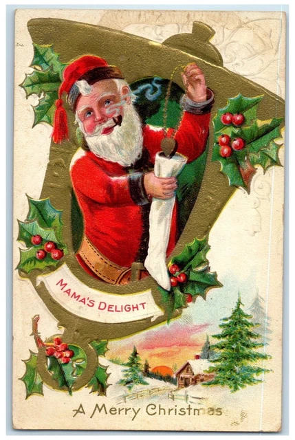c1910's Merry Christmas Santa Claus Giant Bell House Winter Embossed Postcard