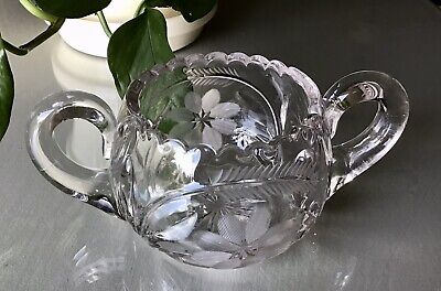 ABP Sugar Bowl Brilliant Cut Crystal Etched Flowers & Ferns Double Handle 3"