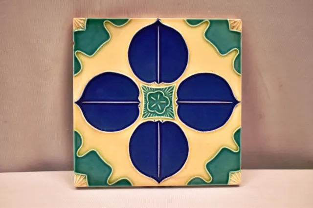 Vintage Japan Tile Majolica Art Nouveau Danto Kaisha Porcelain Blue Leaf Four"91