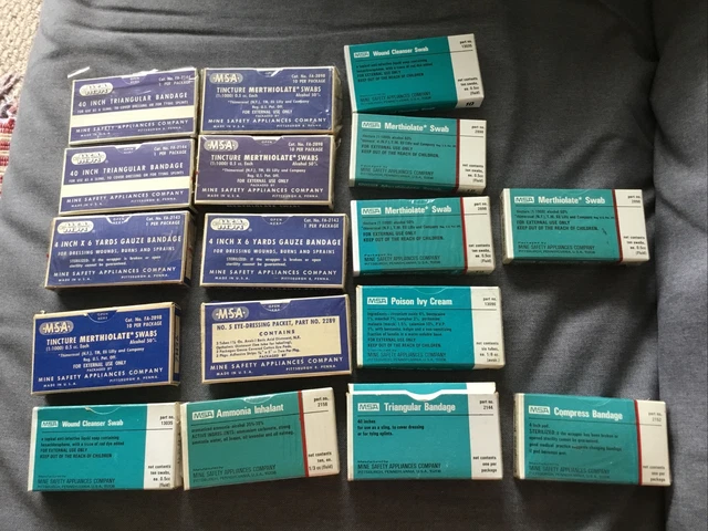 17 Vintage First Aid Kit Supplies~ Mine Safety Appliances Co. ~ Mostly sealed