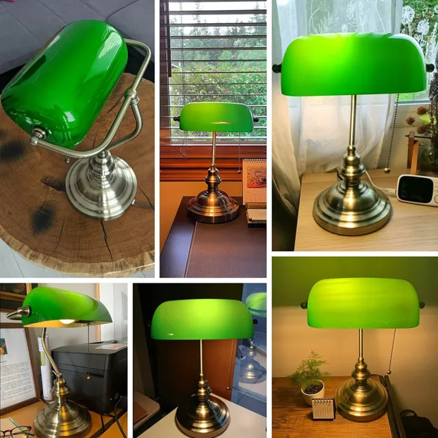 Banker Desk Lamp Pull Chain Switch Green Glass Lamp Shade Light Brass AU Plug