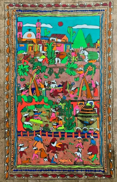 15 1/2 X 23" Mexican Tradition Folk Art Amate Bark Hanging Painting Aztec