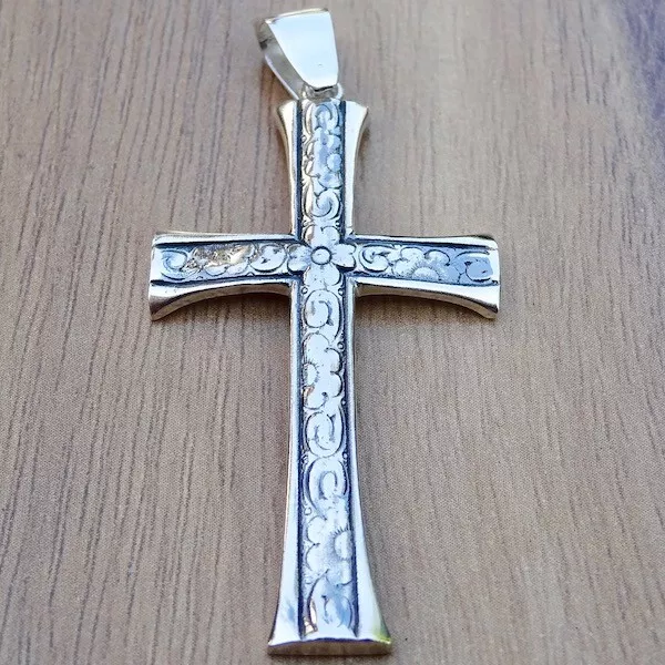 Large Cross Pendant Sterling Silver 925 Religious Flower Accent Jewelry Unisex