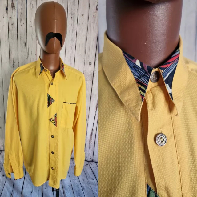 HK Mandel Vintage SHIRT -Medium- In Yellow Cotton with Contrast Trim 1990s BV88o