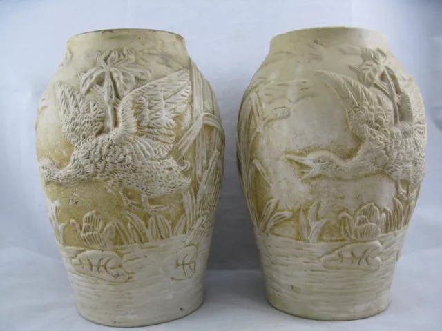 Paar Jugenstil Vasen Enten im Schilf ~ 1900 - 711 - 2x Vase Steingut / Ton 2