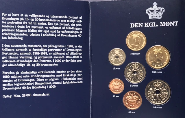 Denmark 2001 UNC Seven Coin Collection Set: 25 Ore - 20 Kroner ~ Info Folder