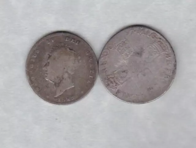 1697 William Iii & 1825 George Iv Silver Shillings In A Well Used Condition.