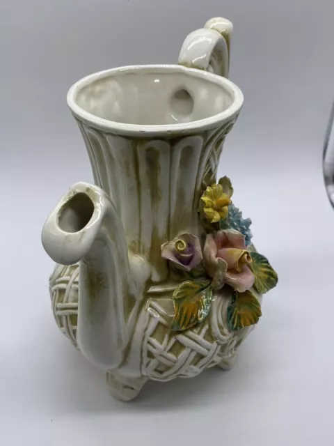 Beautiful Antique Capodimonte Porcelain Ornate Lattice Floral Detailed Pitcher 3