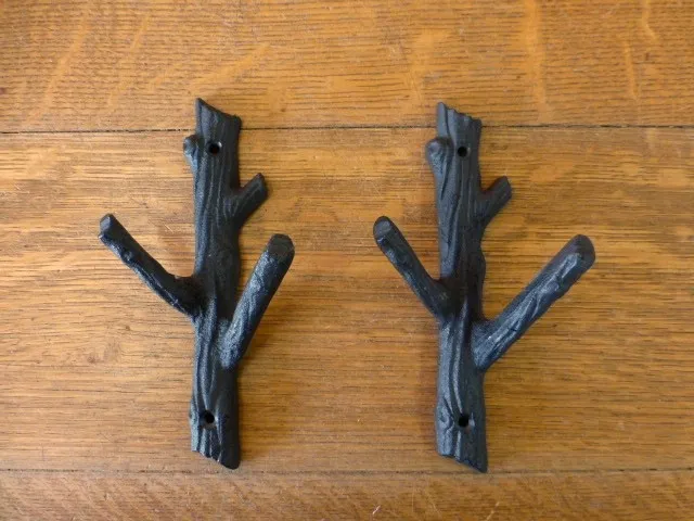 2 Brown 7.75" Tall Tree Trunk Branch Twig Double Wall Hooks Rustic Cast Iron