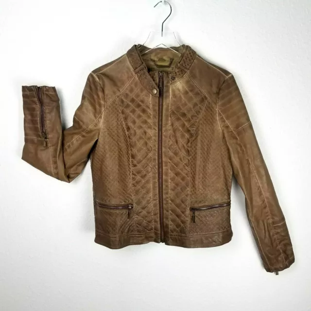 J2 Vegan Leather Moto Jacket XL Brown Quilted Pattern Zip Sleeves