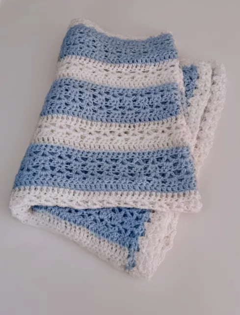 Beautiful Blue And White Hand Crocheted Baby Blanket Soft