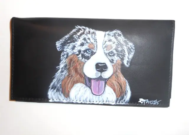 Australian Shepherd dog Painting Hand Painted Checkbook Cover Leather