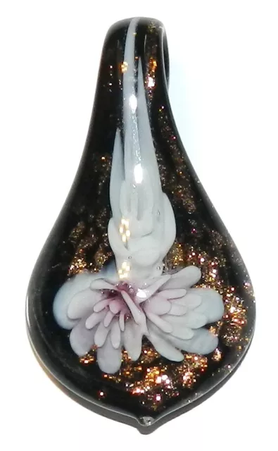 P1212 Lilac Flower Gold Sparkle Black 55mm Spoon Drop Lampwork Glass Pendant