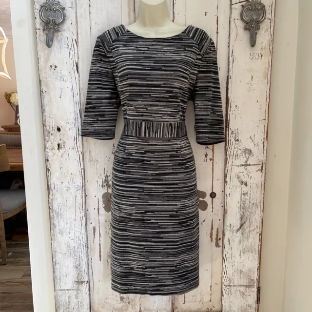 Trina Turk Dress Size 10 Woman's Black Gray Striped Knit Sheath Career