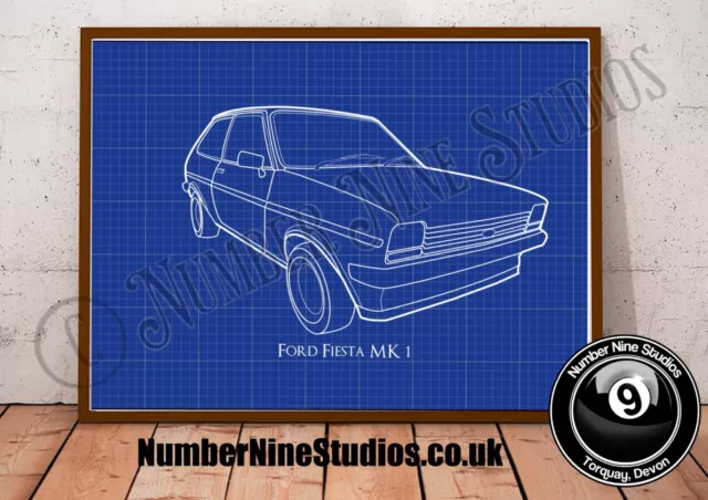 Ford Fiesta mk 1 BLUEPRINT Illustration, High quality, Signed.Limited Edition