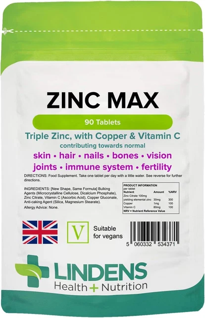 Complément Alimentaire Lindens Force Triple Zinc Citrate Max - 4 Paquets (360 Comprimés) - Vitamine C Et Cuivre - Neuf