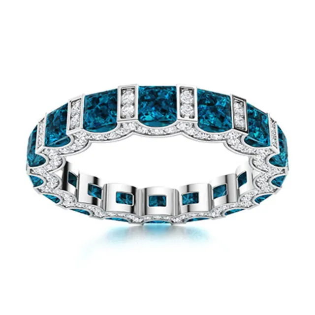 5MM Square Shape Cut London Blue Topaz Gemstone Women Wedding Band Ring