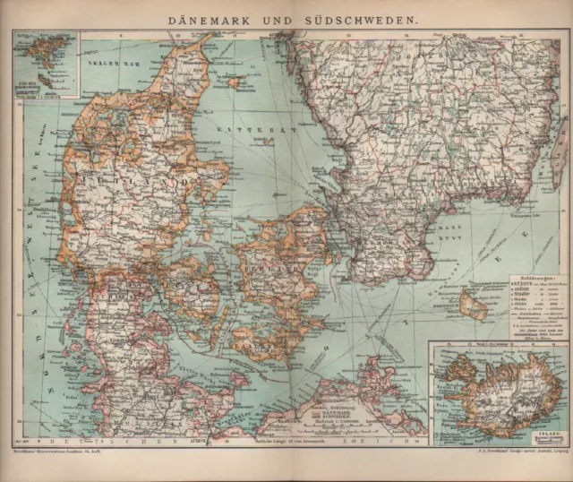 Landkarte map 1897: DÄNEMARK UND SÜDSCHWEDEN. Jütland Schleswig-Holstein Seeland