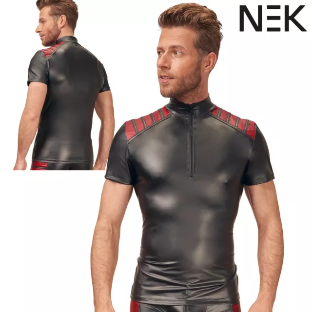 NEK T-SHIRT Top Aderente Uomo Nero Opaco Maniche Corte Front ZIP sul Petto Collo