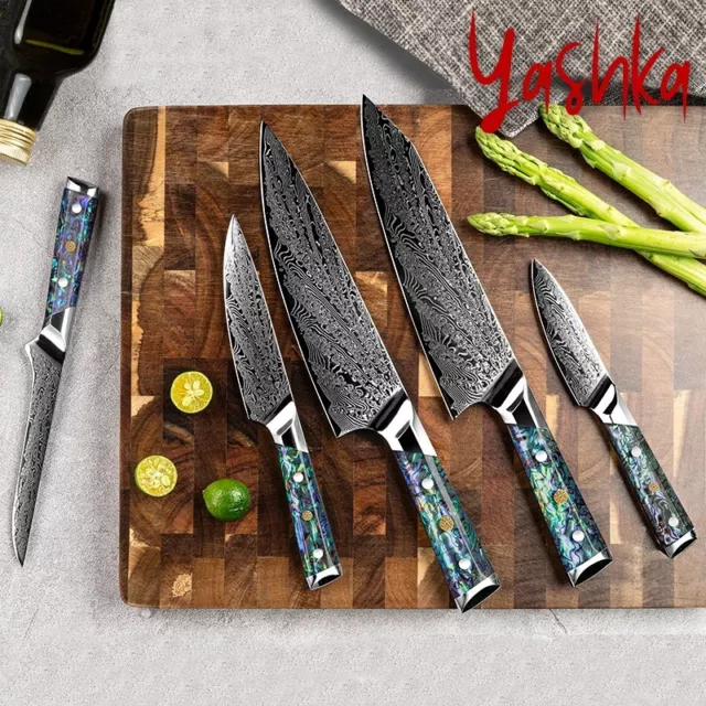 Chef Knife Set Japanese AUS-10 Damascus Steel Full Tang Abalone Shell Handle New