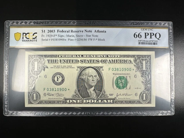Star Federal Reserve Note PCGS 66 PPQ  2003 fr 1929-f* Atlanta Superb Gem