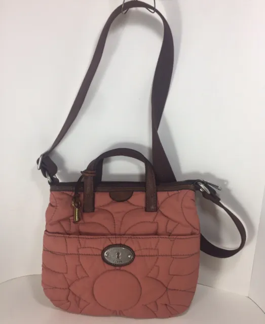 Fossil Key Per Mauve Quilted Brown Leather Buckle Crossbody Tote Bag Purse