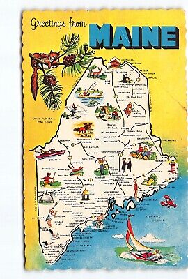 Greetings Smithfield Maine Map Pine Tree State ME Chrome Postcard Vtg 1966