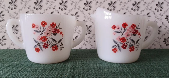 Fire King Oven Ware Milk Glass Primrose Creamer Sugar Bowl Vintage Fire King Oven Ware Milk Glass Primrose Creamer Sugar Bowl Vintage