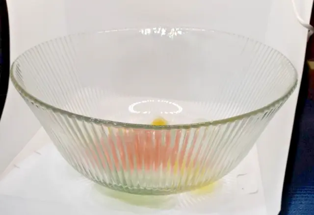 Vintage Kig Malaysia Pressed Glass Bowl Embossed Colored Flower Ribbed 9"