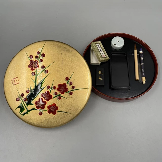 Calligraphy Set Lacquerware Ume Ink Stone Vintage Suzuri Sumi Grinder Shodo Tool