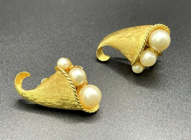 Vintage KRAMER Texture Gold Tone Faux Pearl Clip-On Earrings