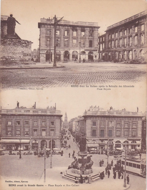 CPA 51 RARE carte double REIMS avant et après la guerre Place Royale