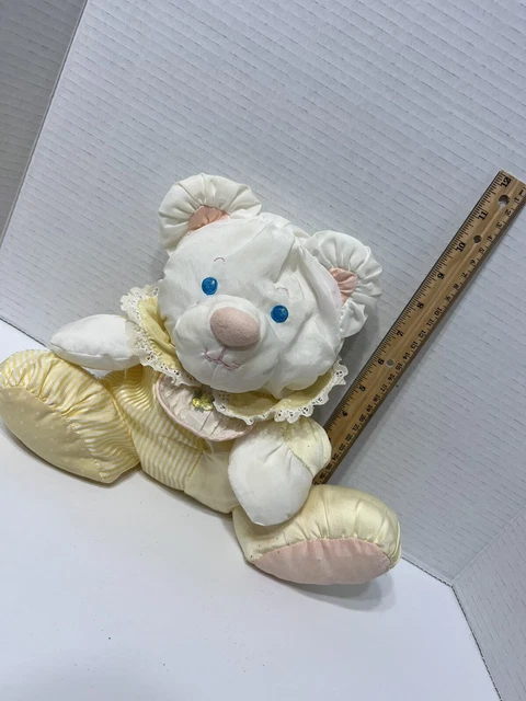 Vintage Fisher Price Puffalump Bear Yellow White Plush Baby Rattle Stripes